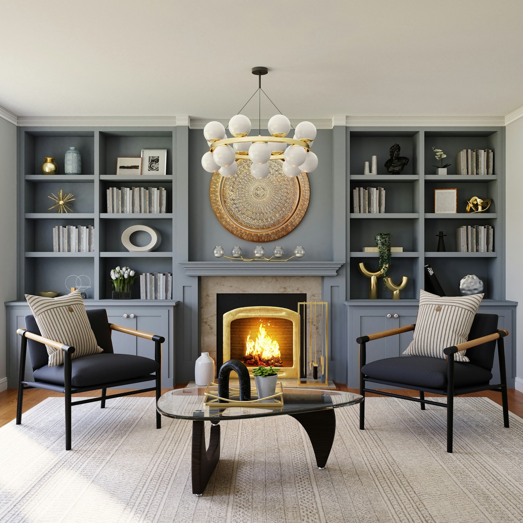Refined lounge with custom shelving and gold details