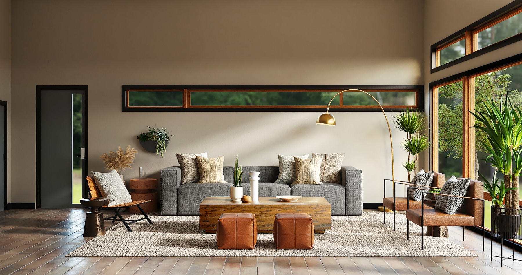 Inviting premium residence with warm leather, natural wood, and garden views